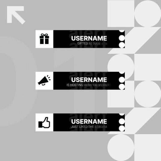 Monochrome Stream Alerts. Black and white design with user notifications. Gifted subs and hosting messages.
