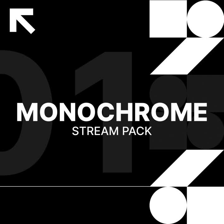 Monochrome Stream Pack. Black and white geometric design with bold text for overlays.