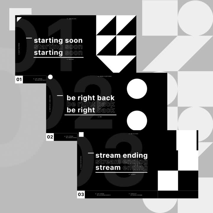 Monochrome static stream overlays. Black and white geometric patterns with bold text.