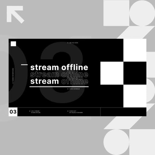 Monochrome Static Stream Overlays. Black and white design with bold text. "Stream Offline" banner.