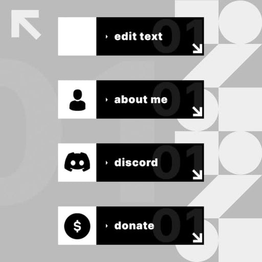 Monochrome Twitch Panels. Black and white design with arrows. "Edit text, About me, Discord, Donate."