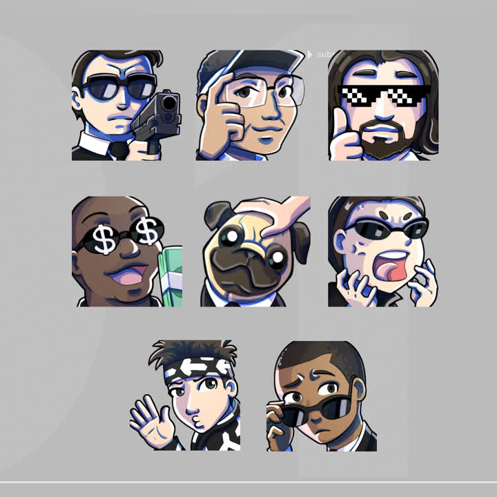 Monochrome Twitch emotes. Eight unique designs featuring playful characters. Colorful and eye-catching.