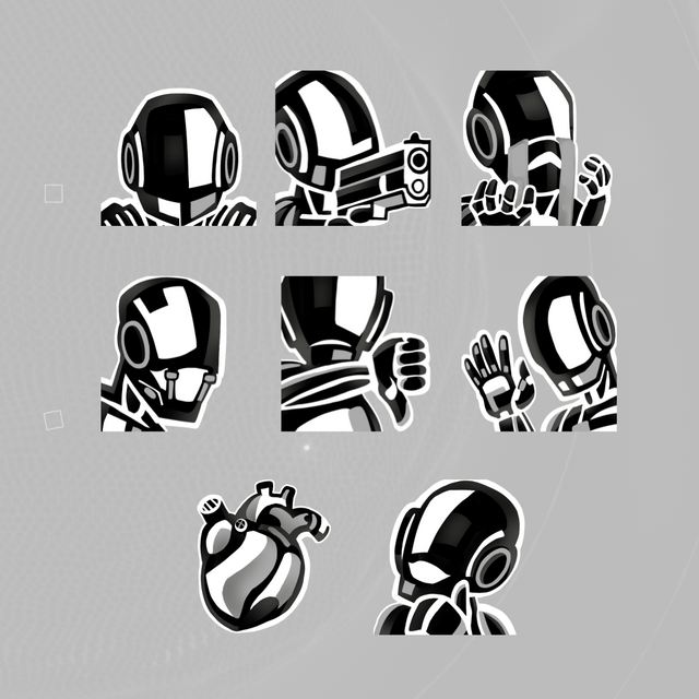 Nano Black Twitch emotes. Eight unique designs featuring robotic characters in black and white.