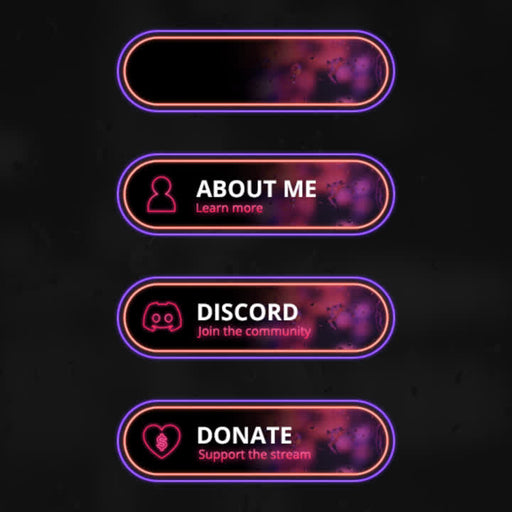 Neon Twitch Panels. Lofi style with pink and purple gradients. "About Me," "Discord," "Donate."