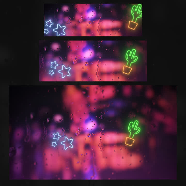 Neon Static Stream Overlays. Colorful rainy backdrop with star and cactus neon signs.