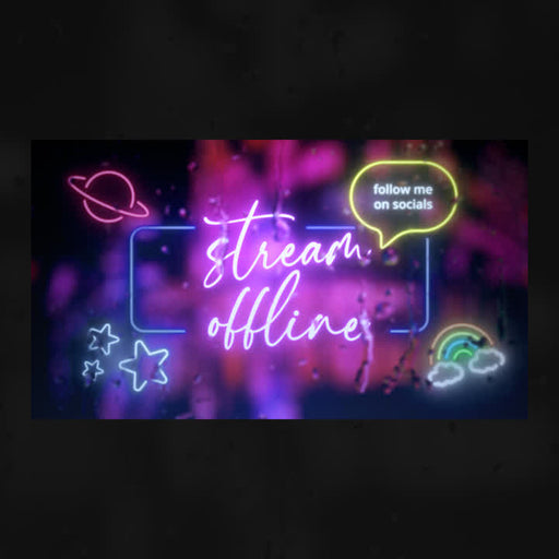 Neon static stream overlay. "stream offline" with colorful neon elements and social media prompt.