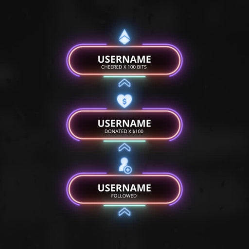 Neon Static Stream Overlays. Colorful notifications for cheers, donations, and followers.