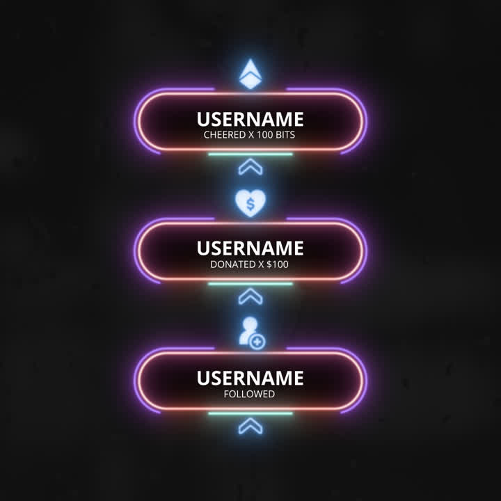 Neon Static Stream Alerts. Vibrant neon design with notification bubbles for bits, donations, and follows.