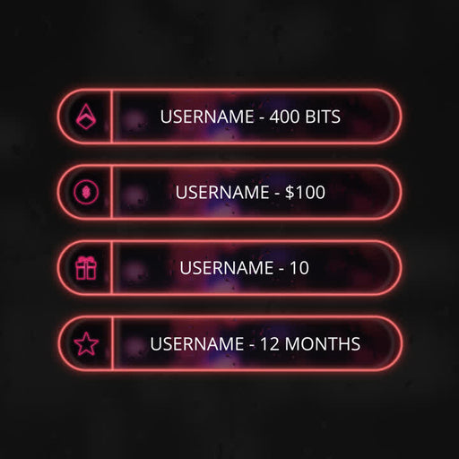 Neon Stream Overlay Elements. Dark background with vibrant neon buttons for user notifications.