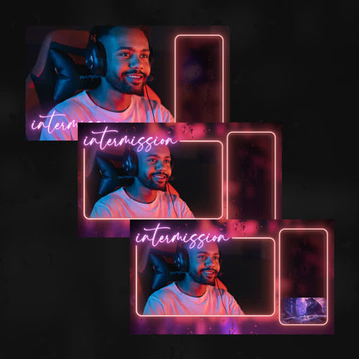 Cozy Neon Static Stream Overlays. Pink and purple with "intermission" text and image placeholders.