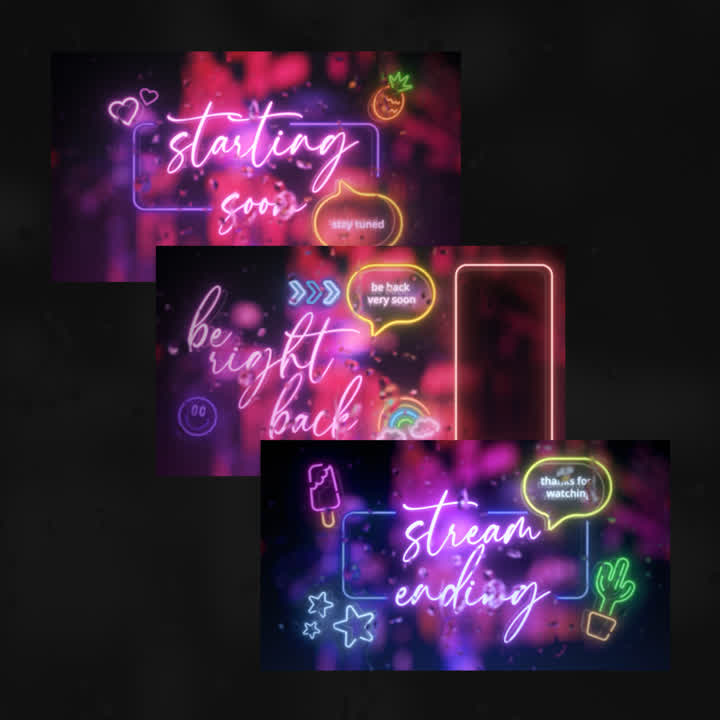 Neon Static OBS Scenes. Colorful backgrounds with playful neon text: "Starting Soon," "Be Right Back," "Stream Ending."