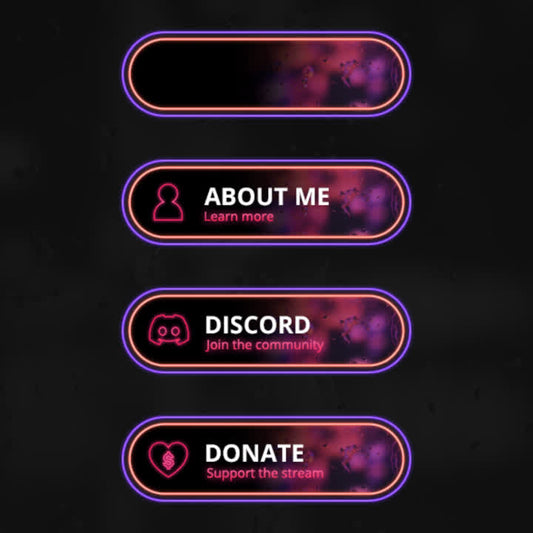 Neon Twitch Panels. Bright purple and pink with icons. "About Me," "Discord," "Donate."