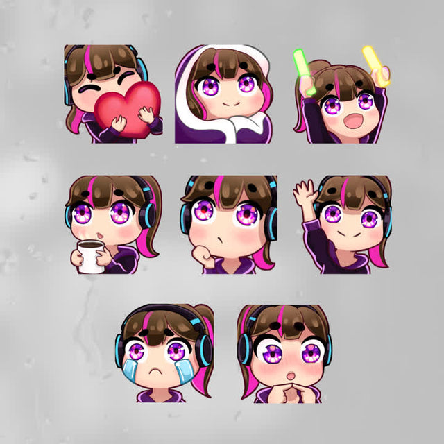 Neon Twitch emotes with 8 unique designs. Colorful cartoon style, expressing various emotions.