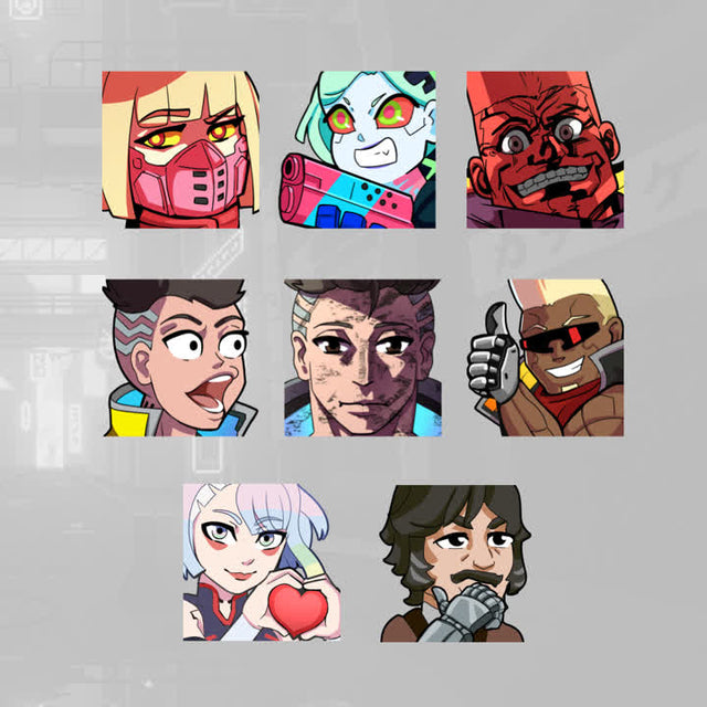 Neo Pixel Twitch Emotes featuring 8 unique designs with vibrant colors and animated characters.