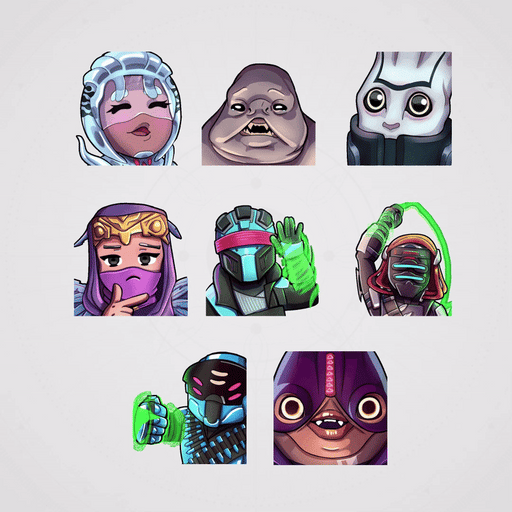 Neomoon Animated Twitch Emotes. 8 unique emote designs featuring colorful characters.