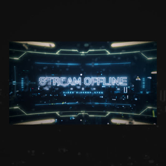 Neon Tech stream scenes. Dark background with bright blue "STREAM OFFLINE" text.