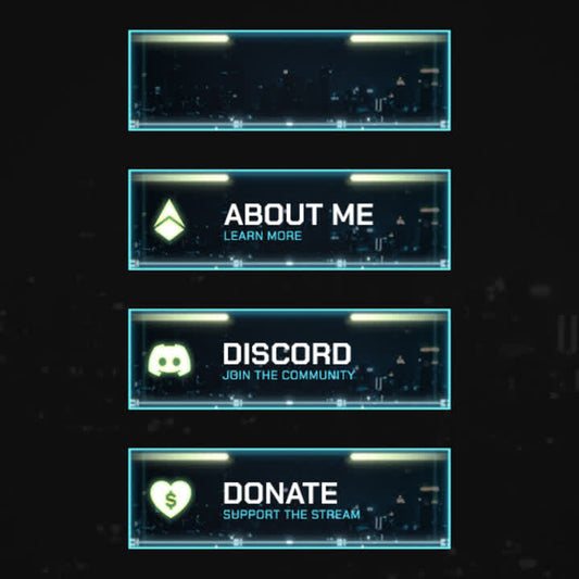Neon Tech Twitch Panels. Futuristic design with blue frames. "About Me," "Discord," "Donate."
