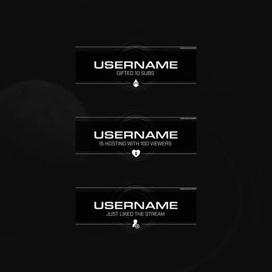 Orbital Animated Stream Alerts. Black background with white text. Engagement notifications displayed.