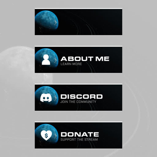 Orbital Twitch Panels. Space theme with planets. "About Me," "Discord," "Donate" text.