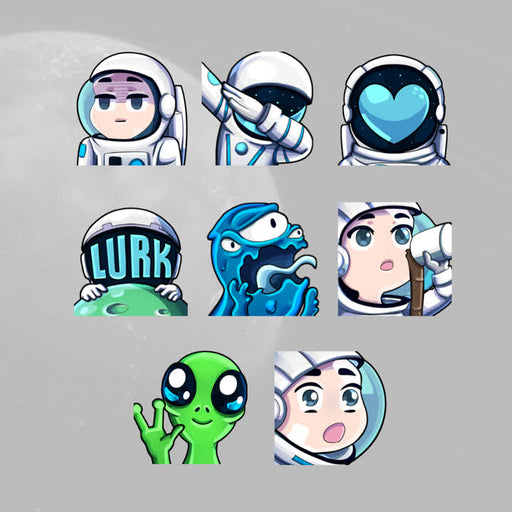 Orbital Twitch emotes featuring unique astronaut designs. Playful and colorful character illustrations.