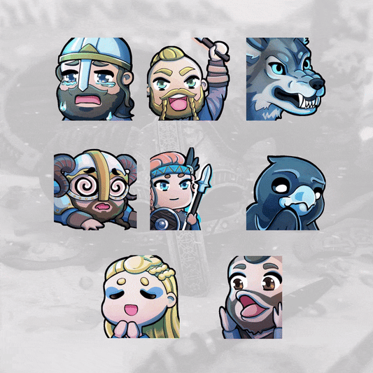 Ragnar Animated Emotes. Nine colorful, animated emotes featuring Vikings and wolves in a grid.