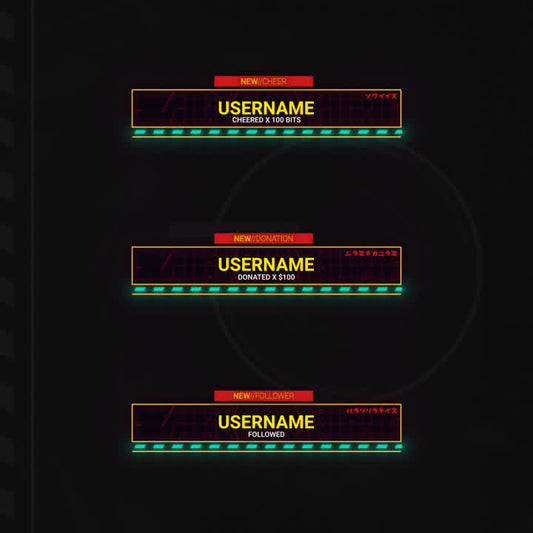 Mech Attack Animated Stream Alerts. Futuristic design with vibrant neon colors and dynamic text.
