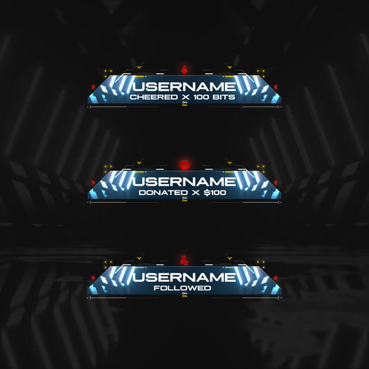 Futuristic 3D Animated Stream Alerts. Blue and silver alerts with usernames and event details.