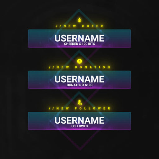 Neomoon Static Stream Alerts. Bright blue and purple design. "New Cheer," "New Donation," "New Follower."