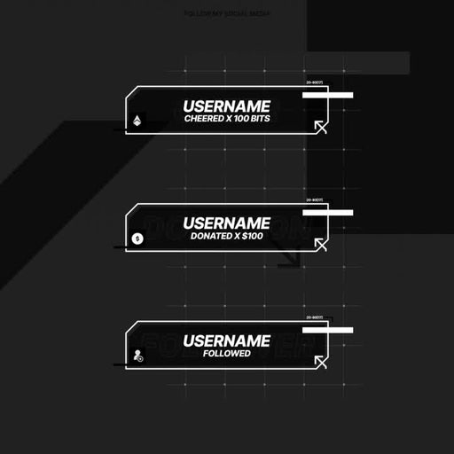 Modern Glitch Stream Overlays. Black and white design with vibrant accents for alerts.
