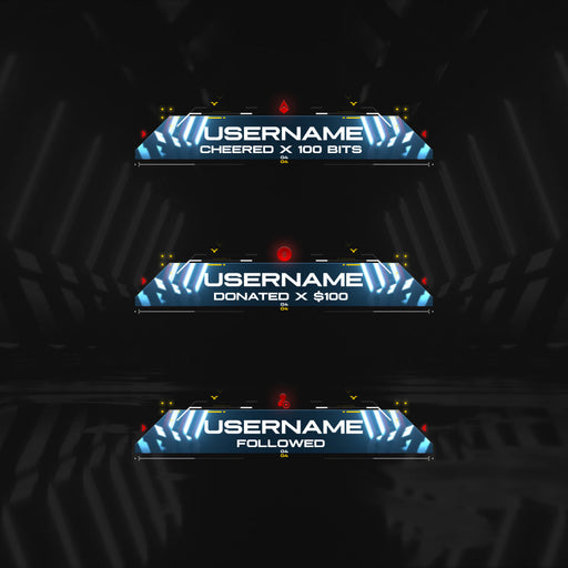 Futuristic Static Stream Alerts. Blue and black design. Alerts for bits, donations, and followers.