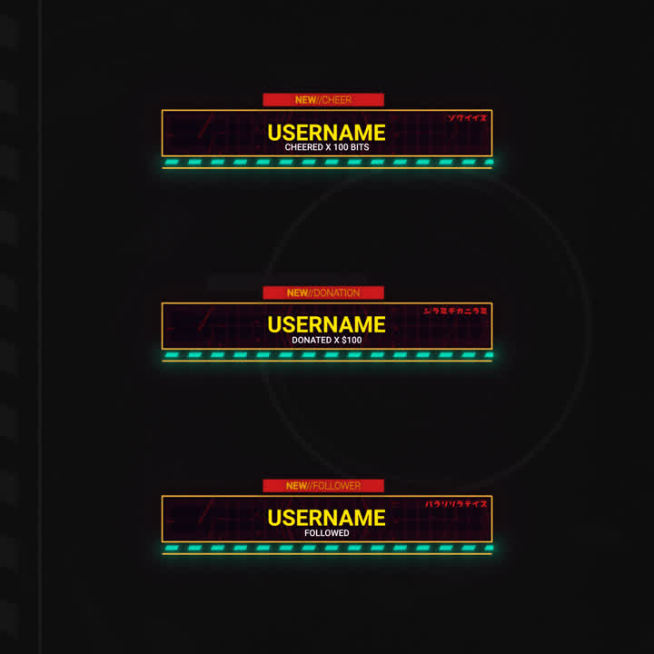 Mech Attack Stream Overlays. Futuristic design with neon accents for notifications.