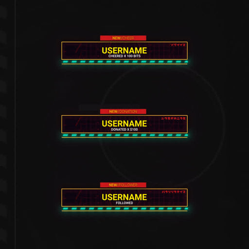 Mech Attack Stream Overlays. Futuristic design with neon accents for notifications.