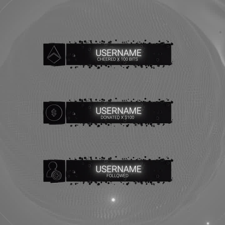 Nano Black Static Stream Alerts. Dark gray background with glowing white text for Twitch alerts.