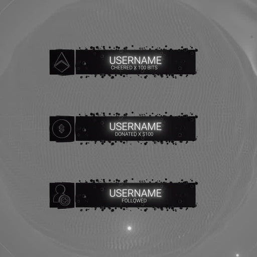 Nano Black Static Stream Alerts. Dark gray background with glowing white text for Twitch alerts.