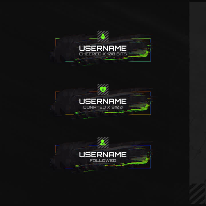 Tactical Static Stream Alerts. Dark background with green accents. Alerts for cheers, donations, follows.