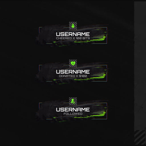 Tactical Static Stream Alerts. Dark background with green accents. Alerts for cheers, donations, follows.