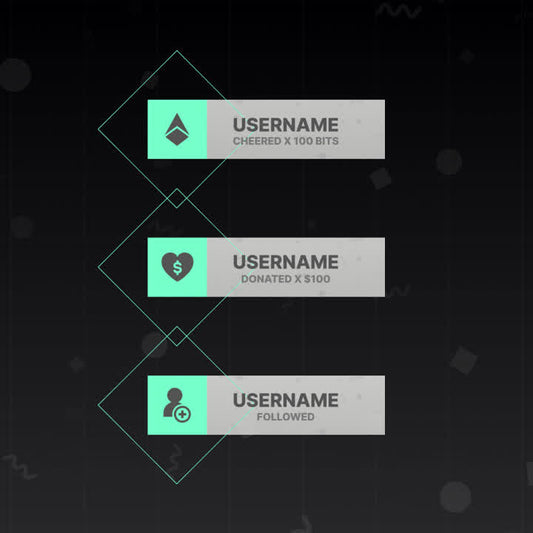 Animated stream alerts with user names and actions. Green and grey geometric design.