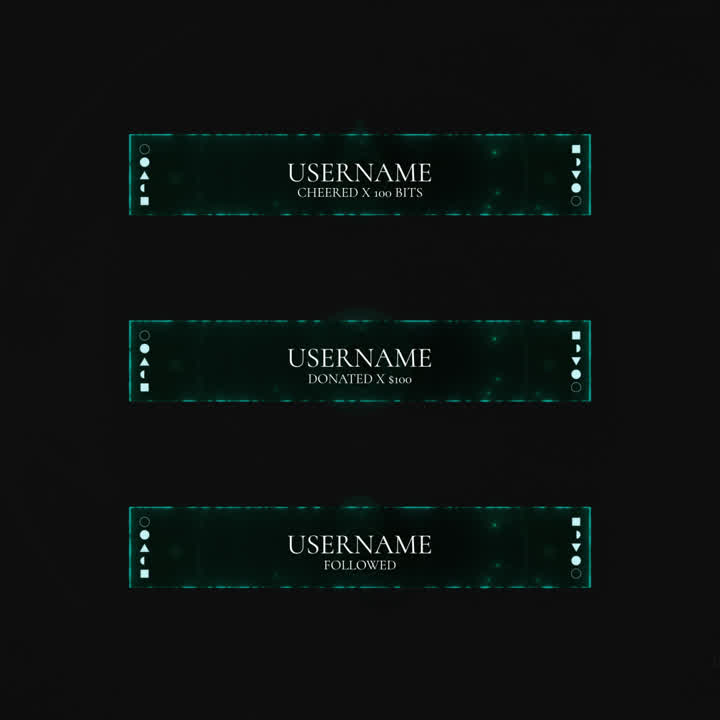 Dark Guardian Stream Overlays. Dark green banners for alerts: bits, donations, and follows.