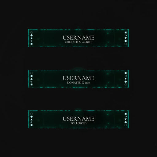 Dark Guardian Stream Overlays. Dark green banners for alerts: bits, donations, and follows.