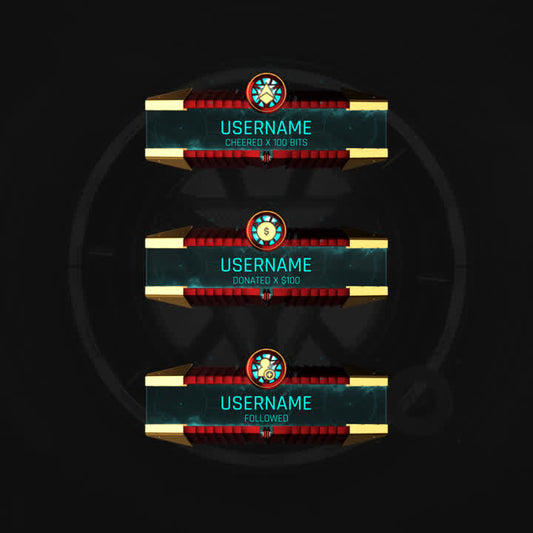 3D Animated Stream Alerts. Dark background with gold accents. Alert notifications for donations and follows.