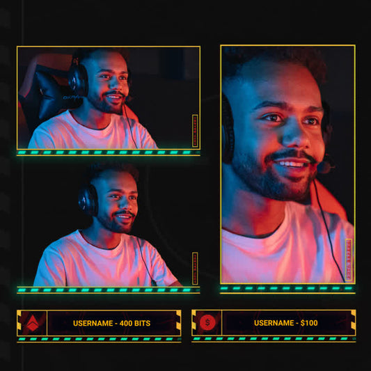 Mech Attack Static Webcam Overlays. Features multiple cam boxes and event sections with neon accents.