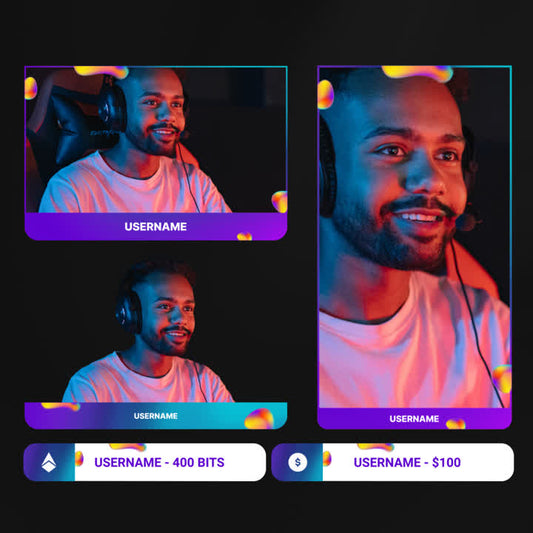 Animated Webcam Overlays. Colorful cam boxes and event indicators for streaming. Username placeholders.