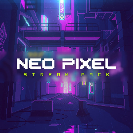 Neo Pixel Stream Pack. Vibrant pixel art overlay with a neon cityscape background.