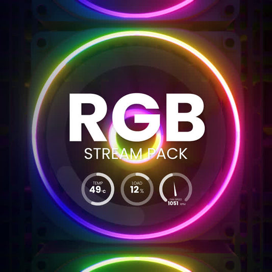 RGB Stream Pack for Twitch over black background with colorful circular light designs.
