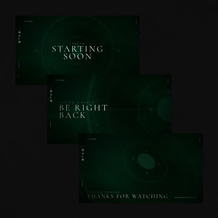 Dark Guardian Static Stream Overlays. Dark green background with white text: "Starting Soon," "Be Right Back," "Thanks for Watching."