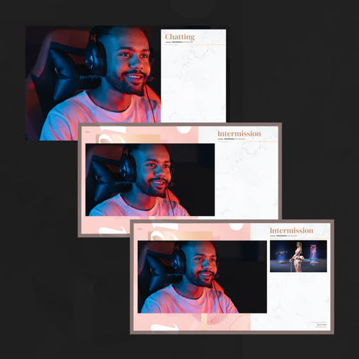 Rose Gold Static Stream Overlays. Pink and gold frames for "Chatting" and "Intermission" scenes.