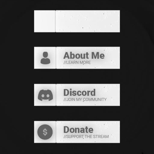 Nano White Twitch Panels. Minimalist design with white text and icons. Includes "About Me," "Discord," "Donate."