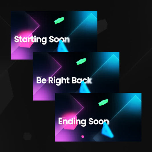 Starting Soon "Be Right Back" "Ending Soon" Glass static OBS scenes with bright geometric designs.