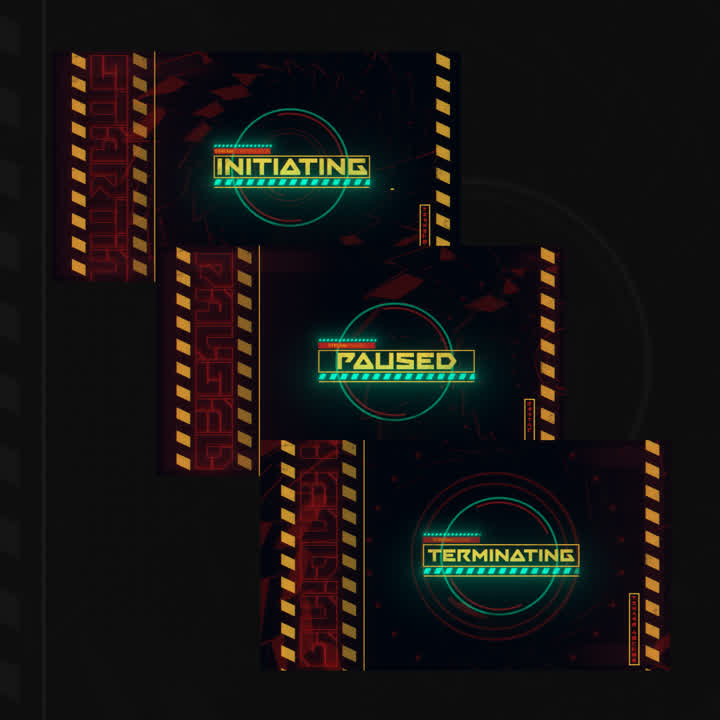 Mech Attack stream overlays. Black and yellow with "Initiating," "Paused," "Terminating" text.