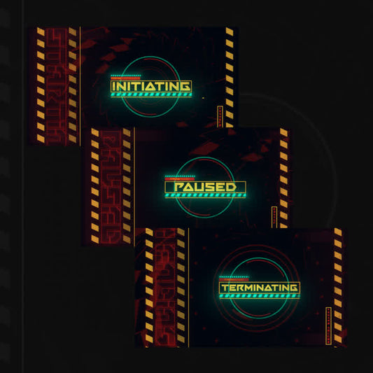Initiating, "Paused," "Terminating" Mech Attack OBS scenes. Dark background with neon accents.